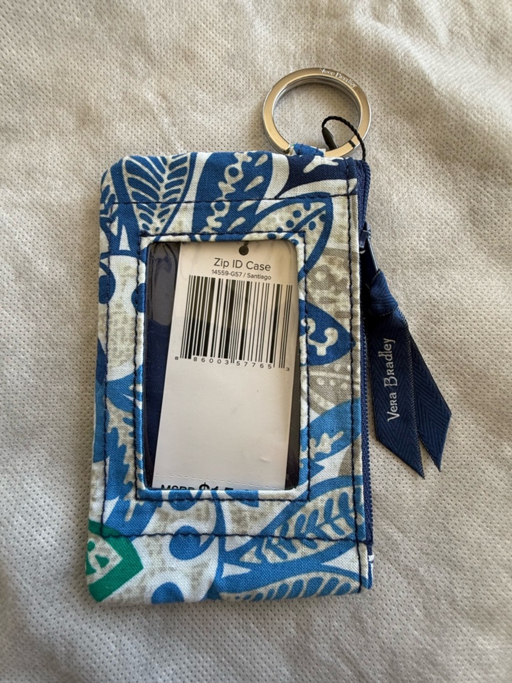Vera Bradley Santiago Blue Floral Zip ID Case with Keyring NWT